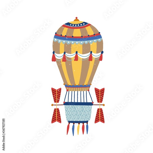 Vintage hot air balloon with colorful striped ornament vector flat illustration. Hand drawn flying aerostat with basket and propeller decorated by design elements isolated on white. Textured airship