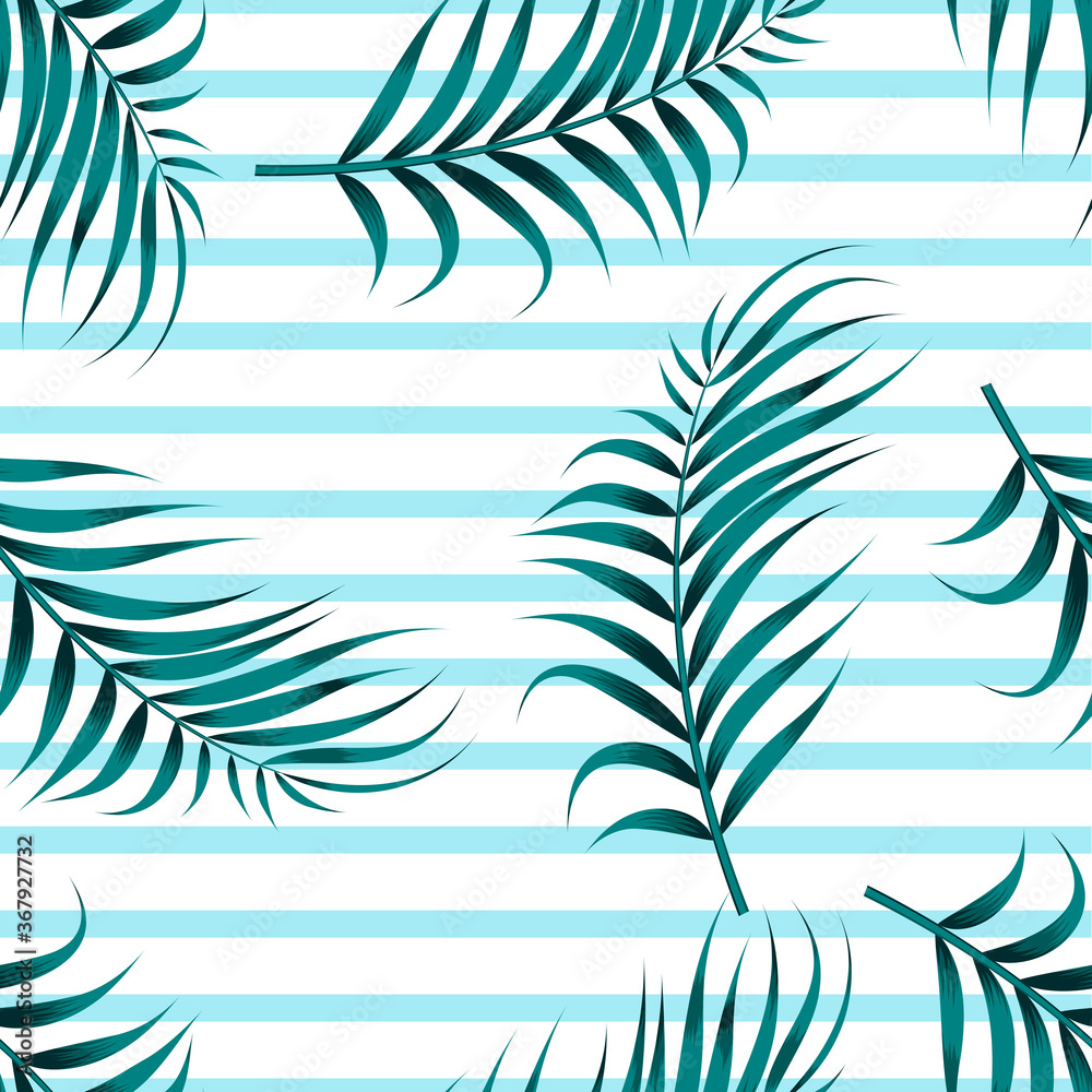 Floral seamless pattern with leaves, abstract striped geometric background
