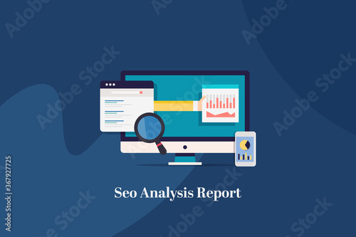 Seo analysis and search ranking report, hand holding business data analytics, marketing kpi metrics displaying on smartphone app, web page with magnifying glass concept. Web banner template.