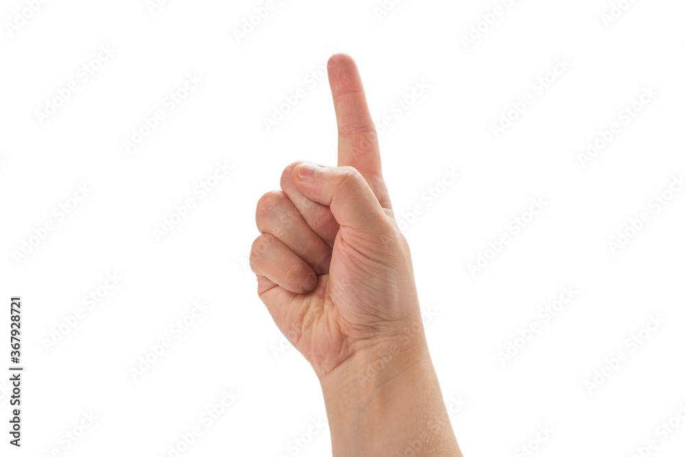 Man hand pointing or touching isolated on white background.