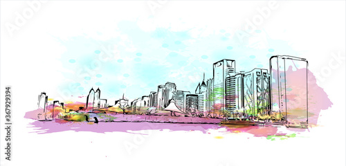 Building view with landmark of Abu Dhabi, the capital of the United Arab Emirates. Watercolor splash with hand drawn sketch illustration in vector.