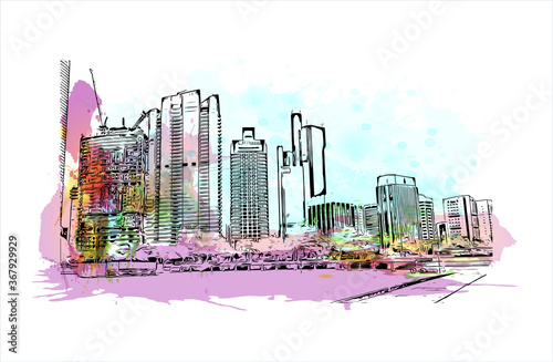 Building view with landmark of Abu Dhabi, the capital of the United Arab Emirates. Watercolor splash with hand drawn sketch illustration in vector.