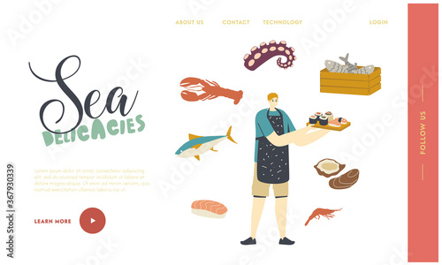 Sea Products, Asian Cuisine Landing Page Template. Male Cooking Japan Food Seafood Sushi and Rolls, Household Activity
