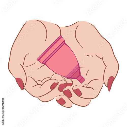 Female hands hold the menstrual cup. Caring for womens health. Zero waste product. Vector contour color illustration for postcards, articles and your creativity.