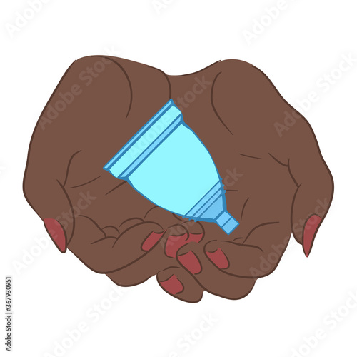 Female african hands hold the menstrual cup. Caring for womens health. Zero waste product. Vector contour color illustration for postcards, articles and your creativity.