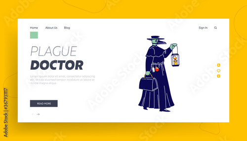 Plague Doctor Landing Page Template. Character with Crow Beak Mask Wearing Black Hat and Raincoat with Medical Bottles