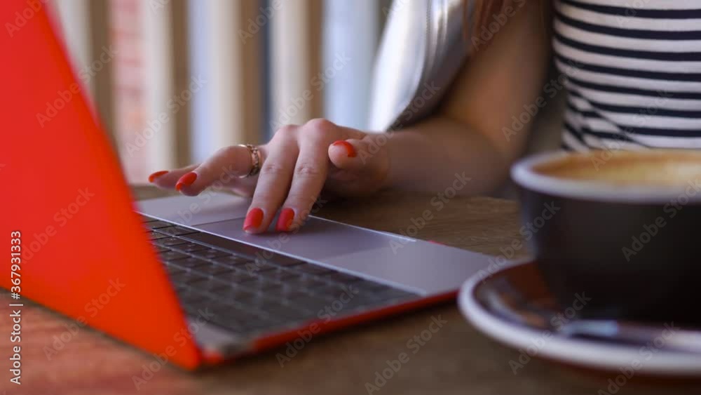 girl white shirt sits outdoors cafe sits at laptop, types document, checks messages, makes online purchase through app, orders food at home through website, watches social networks, viewing documents girl white shirt sits outdoors cafe sits at laptop, types document, checks messages, makes online purchase through app, orders food at home through website, watches social networks, viewing documents