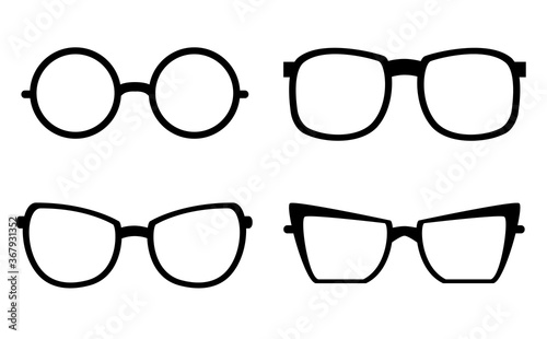 Set of different black silhouettes of glasses. Sun protection and optical instruments. Vector element for logos, icons and your design.