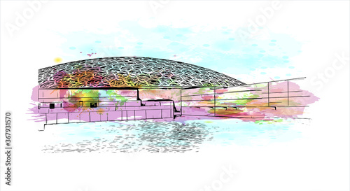 Building view with landmark of Abu Dhabi, the capital of the United Arab Emirates. Watercolor splash with hand drawn sketch illustration in vector.