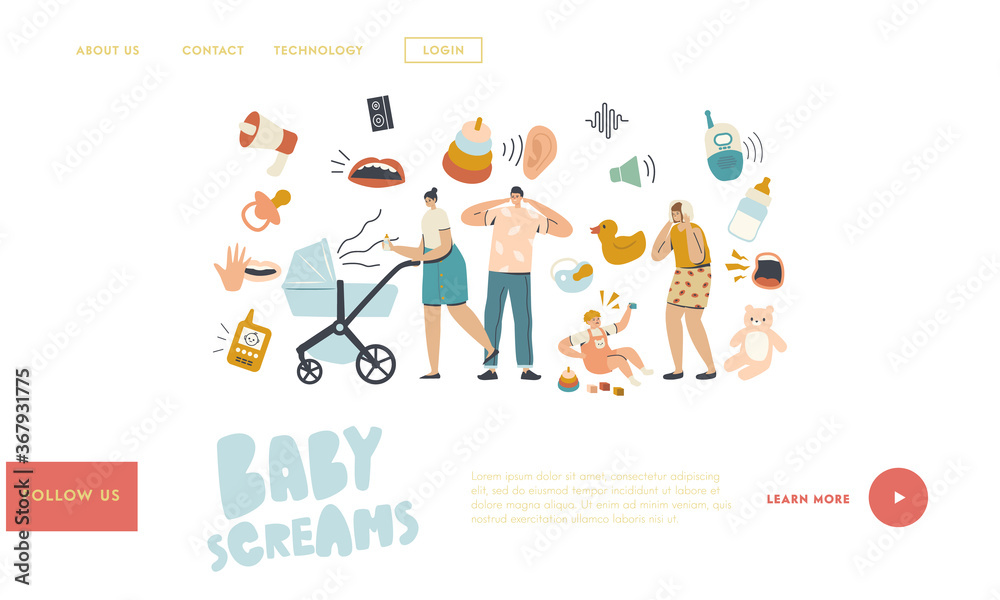 Parenthood, Maternity, Mother Care Landing Page Template. Characters with Kid Stroller Suffer of Newborn Baby Crying