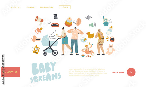 Parenthood, Maternity, Mother Care Landing Page Template. Characters with Kid Stroller Suffer of Newborn Baby Crying