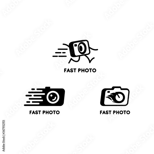 Set of vector black and white logos with a camera and photo cards. Logos for photo studios. Design elements for studio, photographers, cameramen.