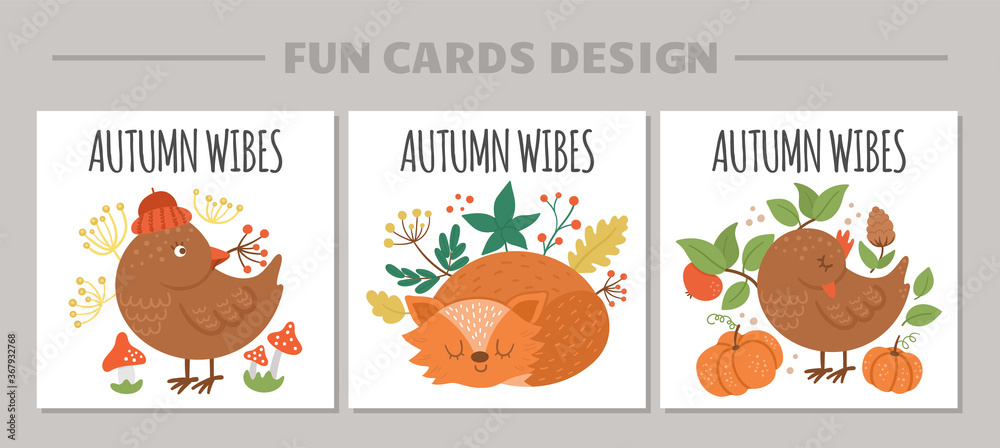 Cute set of cards with bird, fox, pumpkins, mushrooms. Vector autumn square print design isolated on white background. Fall season woodland animals for sticker, postcard. . Cute set of cards with bird, fox, pumpkins, mushrooms. Vector autumn square print design isolated on white background. Fall season woodland animals for sticker, postcard. .