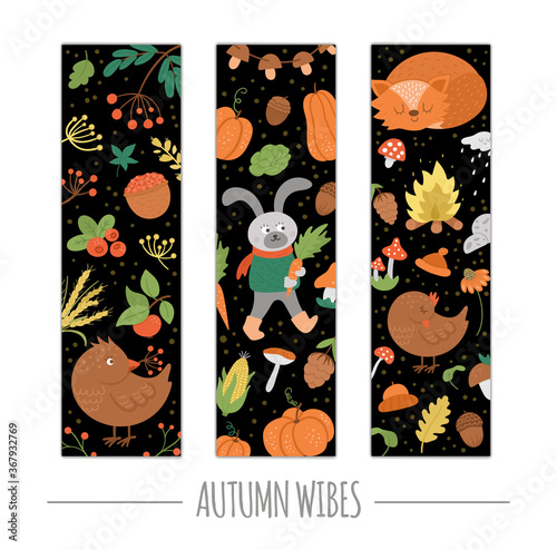 Vector set of autumn bookmarks with animals, plants, leaves, bell, pumpkins isolated on white background. Funny fall season vertical cards design. Cute stationery template .