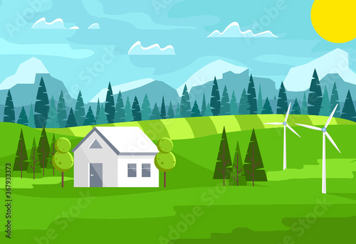 Beautiful Landscape house with balloon summer - Vector Illustration