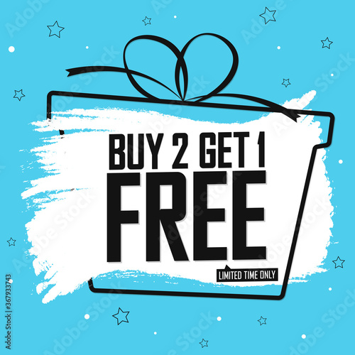 Buy 2 Get 1 Free, sale banner design template, gift discount tag, grunge brush, Christmas deal, vector illustration