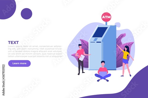 People are waiting in line near ATM machine. Queue at the ATM. Perform financial transactions Vector illustration in a flat style
