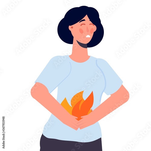 Woman holding abdomen. Heartburn and stomach problems concept.  Vector illustration.