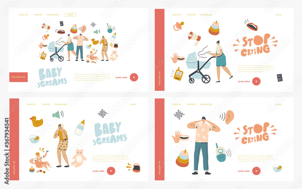 Maternity, Mother Care Landing Page Template Set. Characters with Kid Stroller Suffer of Baby Crying. Child with Cramps