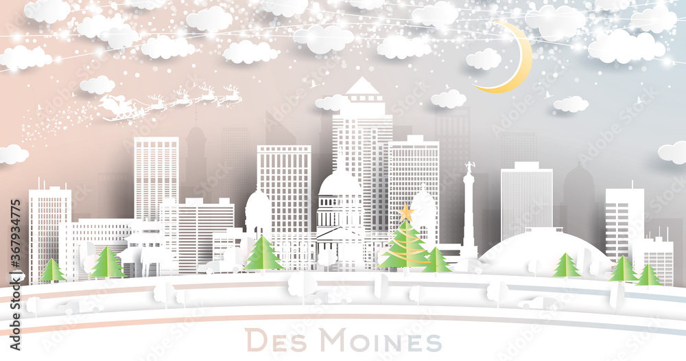 Fototapeta premium Des Moines Iowa USA City Skyline in Paper Cut Style with Snowflakes, Moon and Neon Garland.