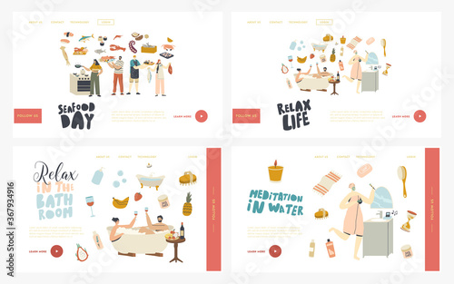 Characters Honeymoon Date, Cooking Seafood Landing Page Template Set. Couple Relax in Bath with Foam Drinking Wine, Spa