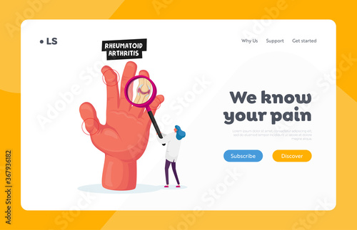 Rheumatoid Arthritis Healthcare Landing Page Template. Tiny Doctor Looking on Huge Hand with Inflamed Finger Joints