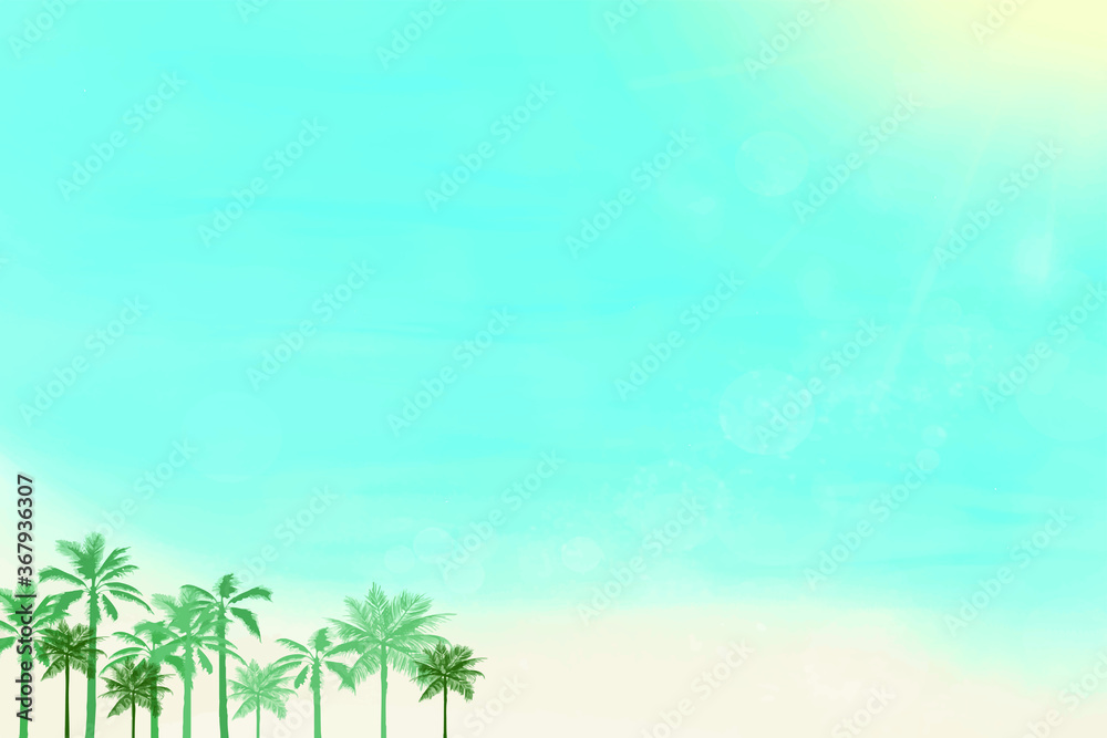 Illustrated summer vacation image. Blurred sun and tropical beach with bokeh background. 