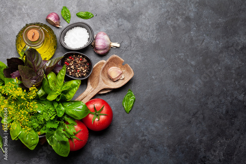 Italian cuisine ingredients. Tomatoes, herbs and spices