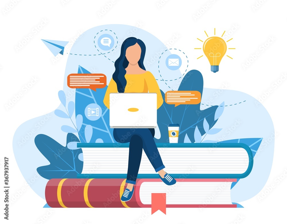Girl sitting on pile of books. Concept illustration of online courses, distance studying, self education, digital library. E-learning banner. Online education. Vector illustration in flat style - obrazy, fototapety, plakaty 