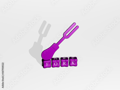 3D representation of FORK with icon on the wall and text arranged by metallic cubic letters on a mirror floor for concept meaning and slideshow presentation. background and food photo