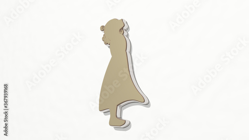 Photography GIRL made by 3D illustration of a shiny metallic sculpture on a wall with light background