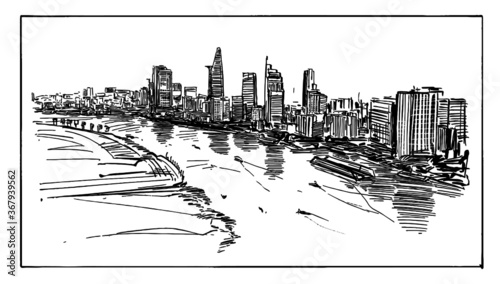 Drawing of the Ho Chi Minh cityscape at riverside in Vietnam 