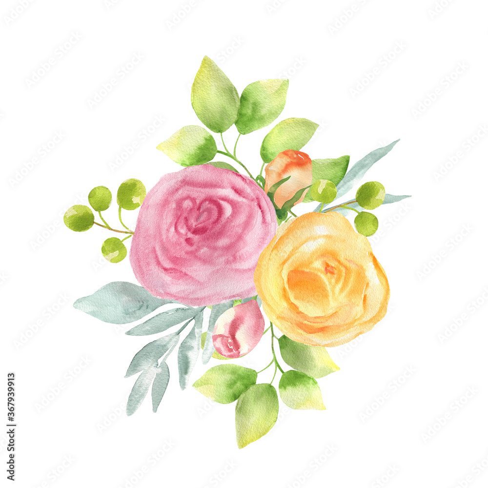 Naklejka premium Watercolor illustration of a bouquet of roses, leaves and berries.