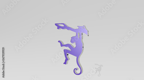 monkey made by 3D illustration of a shiny metallic sculpture on a wall with light background. animal and cute
