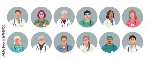 Medical characters. Doctors and nurses portraits, team of doctors concept, medical office or laboratory. Modern flat vector concept digital vector illustration