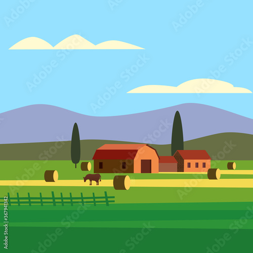 Rural farm landscape field country house, cows. Summer hills sunset farmland