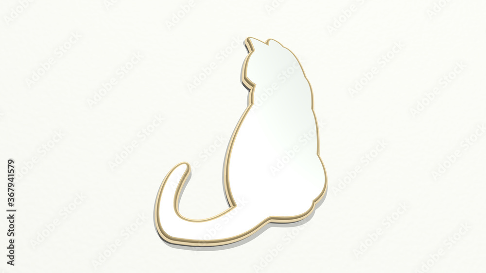 cat made by 3D illustration of a shiny metallic sculpture on a wall with light background. animal and cute