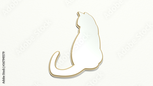 Schilderij op canvas cat made by 3D illustration of a shiny metallic sculpture on a wall with light background
