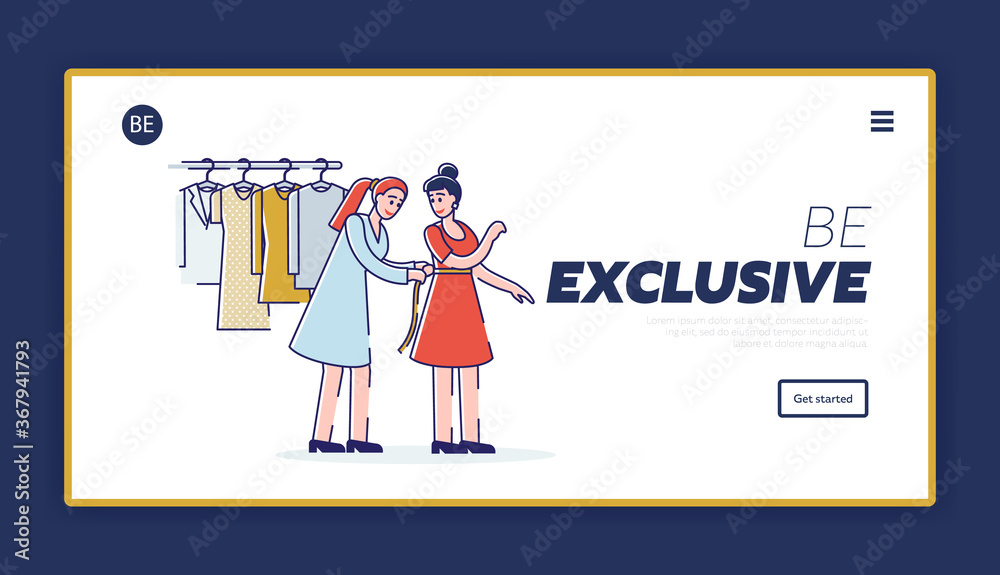 Shopping landing page with shop assistant helping consumer in clothing store