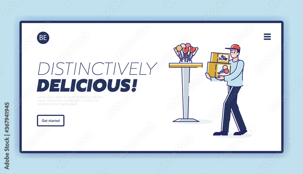 Candy shop worker bring box with candies for store showcase. Online candy shop website landing page Candy shop worker bring box with candies for store showcase. Online candy shop website landing page