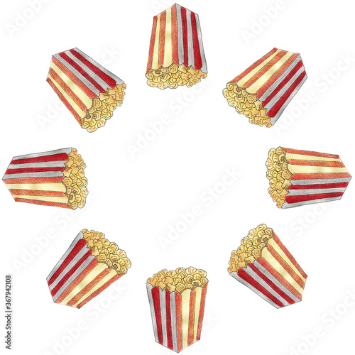 Round frame with cardboard carton red striped boxes with popcorn isolated on white background with copy space. Watercolor hand drawn illustration. Concept of cinema, theater, fast food, snack.
