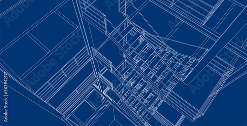 Modern industrial interior with stairway. Best architectural 3D background. Vector blueprint.