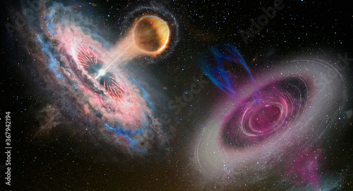Fototapeta Naklejka Na Ścianę i Meble -  Futuristic sci-fi landscape of two black holes system in open space. Elements of this image furnished by NASA.