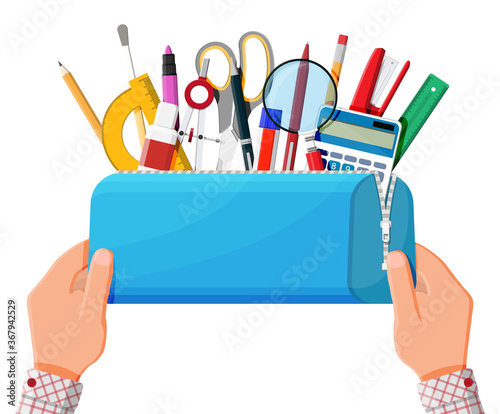 Open pencil case with zipper full of stationery items. Blue bag with supplies. Back to school concept. Pen, ruler, calculator, eraser, scissors, brush, stapler. Cartoon flat vector illustration