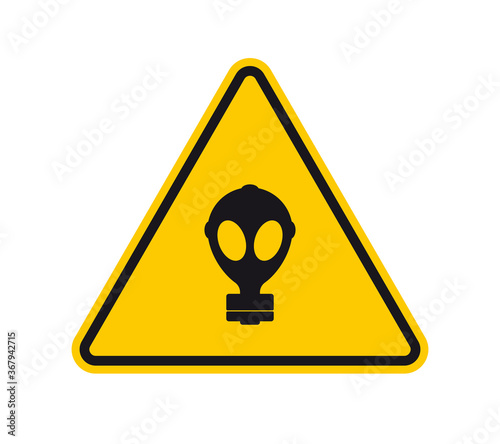 Vector yellow triangle sign - black symbol gas mask. Isolated on white background.
