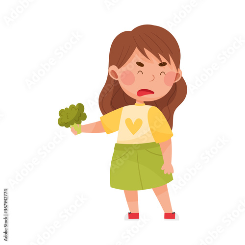 Little Girl Character Showing Dislike Towards Broccoli Vector Illustration