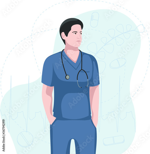 Vector illustration of young handsome confident asian doctor of medicine with stethoscope standing. Concept with man doctor in uniform with hands in his pockets on medical background.