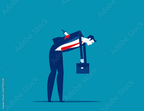 Businessman stabbed in the back with knife. Business faithfulness concept. Flat cartoon vector style