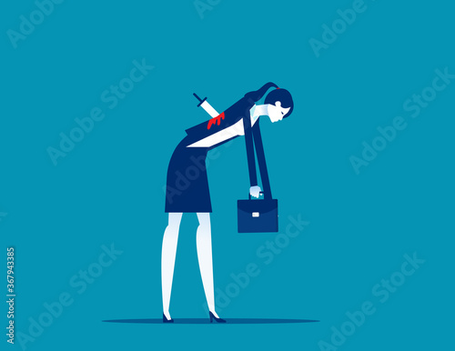 Businesswoman stabbed in the back with knife. Business faithfulness concept. Flat cartoon vector style