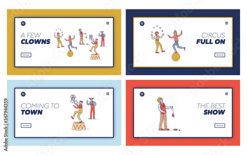 Set of landing pages with clowns in red wigs with makeup and red noses on white background